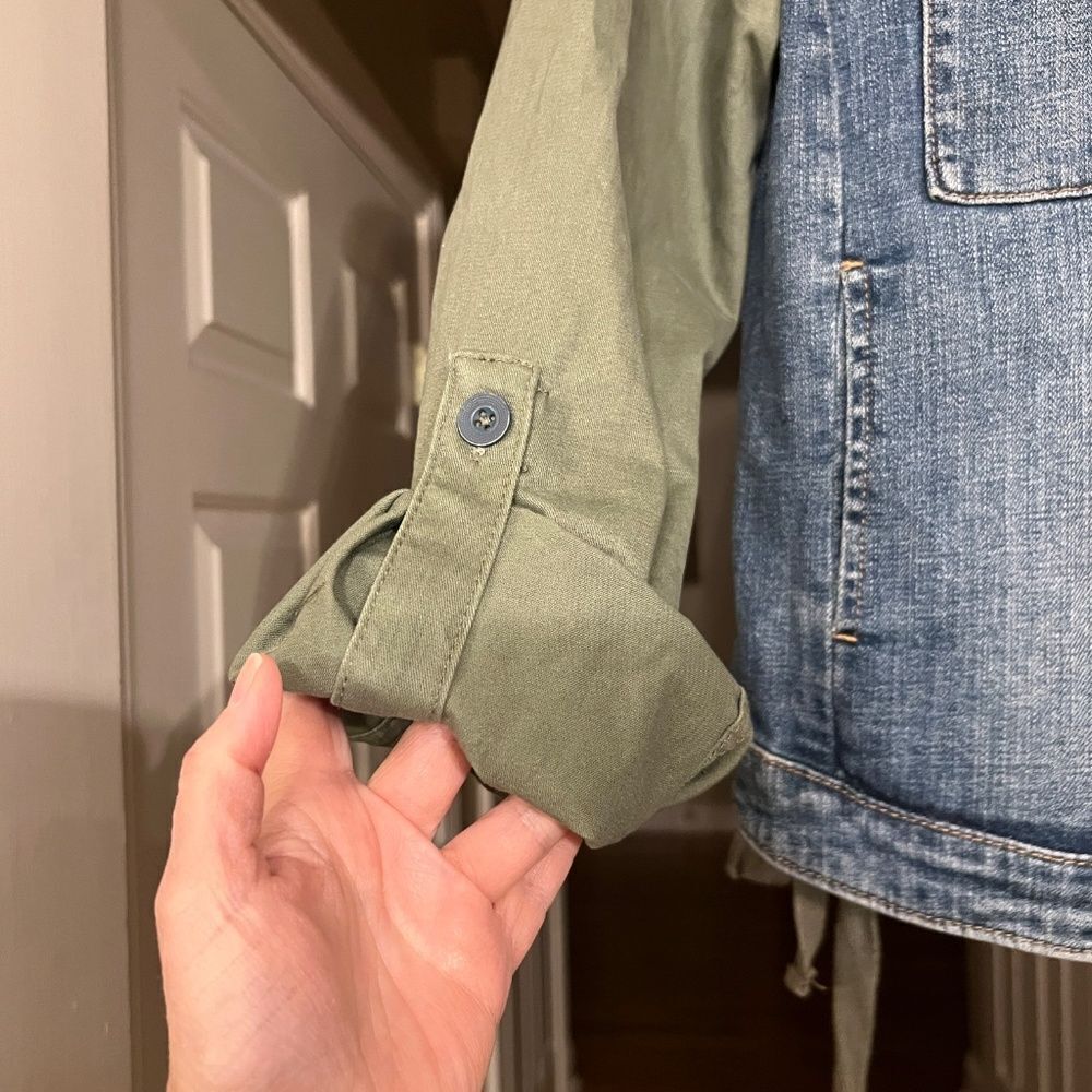 EUC Pilcro and the Letterpress Mixed Media Blue Denim & Green Twill Jacket SMALL - Picture 7 of 7